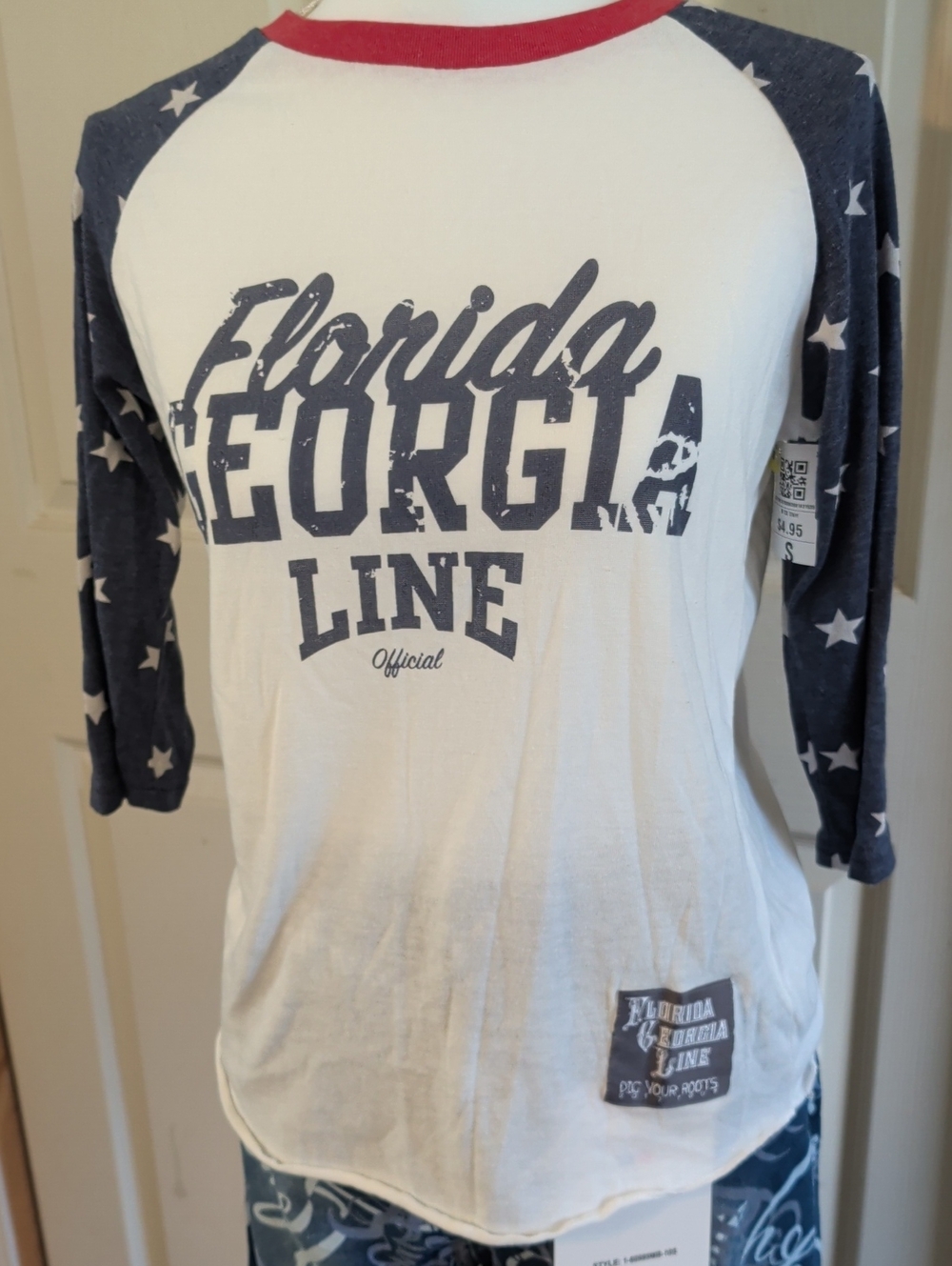 Men's Raglan Long Sleeve Tee - White with Navy Star Sleeves